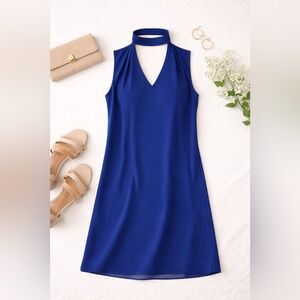 White House Black Market Royal Navy Blue Choker Neck Midi Shift Dress Size 0